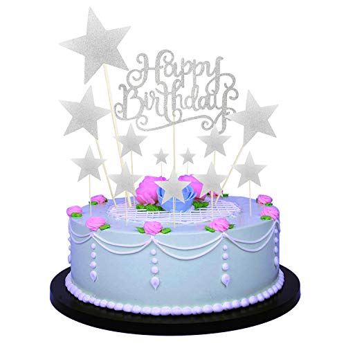 Allazone 1 Stück Silber Happy Birthday Cake Topper Silber Geburtstagstorte Dekoration und 12 Stück Silbe Pentacle Stars Cake Topper Dekoration für Party Dekoration Allazone 1 Stück Silber Happy Birthday Cake Topper Silber Geburtstagstorte Dekoration und 12 Stück Silbe Pentacle Stars Cake Topper Dekoration für Party Dekoration von Allazone
