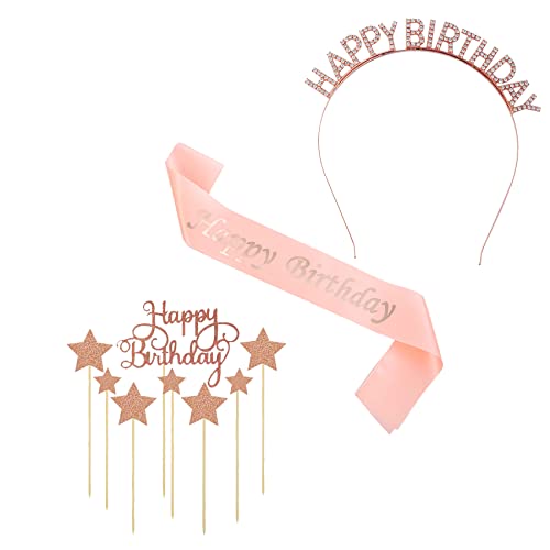 Allazone Birthday Headband Glitter Birthday Sash, Happy Birthday Cake Topper Birthday Headpiece Girl for Party Decorations Supplies (Satin Gold) von Allazone