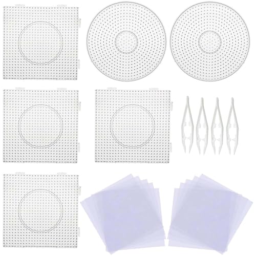 Allazone Bügelperlen Stiftplatten Platten Bügelperlen 5 mm 6 Stück Bügelperlen Steckplatten mit 4 Stück weißen Perlen Pinzette, 10 Stück Bügelpapier für Kinder Bastelbedarf von Allazone