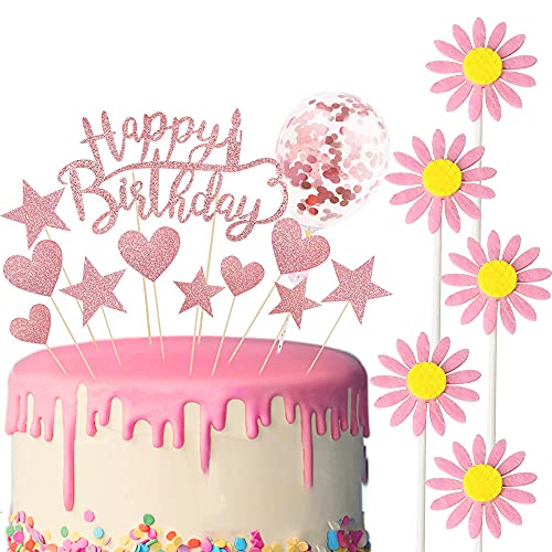 Allazone Happy Birthday Cake Topper Ballon Geburtstagstorte Dekoration Blumen Herzförmig Pentacle Stars Cake Topper Dekoration für Party Dekoration (Rosa) von Allazone