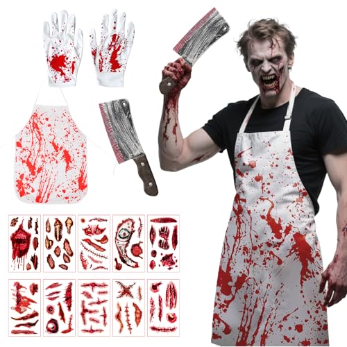 Allony Halloween-Metzger-Kostüm, Herren-Halloween-Kostüm, gruselig, Halloween-Kostüm, blutige Schürze, Serienmörder-Kostüm mit Metzger-Kostüm, Tattoos, Küchenmesser, blutige Handschuhe Allony Halloween-Metzger-Kostüm, Herren-Halloween-Kostüm, gruselig, Halloween-Kostüm, blutige Schürze, Serienmörder-Kostüm mit Metzger-Kostüm, Tattoos, Küchenmesser, blutige Handschuhe von Allony