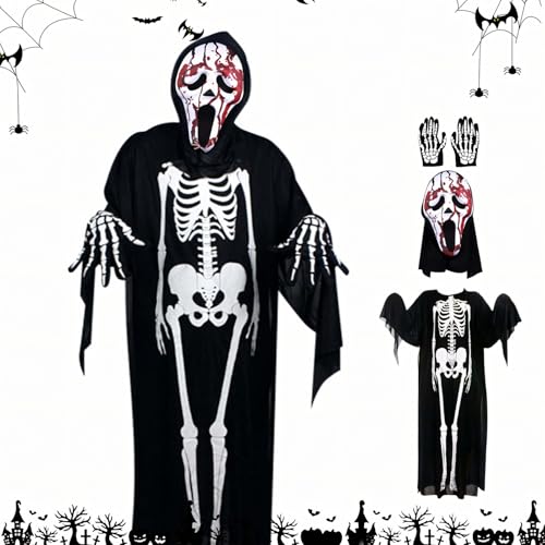 Allony Halloween Scream Kostüm, Halloween Horror Geister Kostüm, Totenkopfkostüm, Halloween Party Ganzkörperkostüm mit Scream Mask und Handschuhe für Halloween, Partys und Andere Feste Allony Halloween Scream Kostüm, Halloween Horror Geister Kostüm, Totenkopfkostüm, Halloween Party Ganzkörperkostüm mit Scream Mask und Handschuhe für Halloween, Partys und Andere Feste von Allony