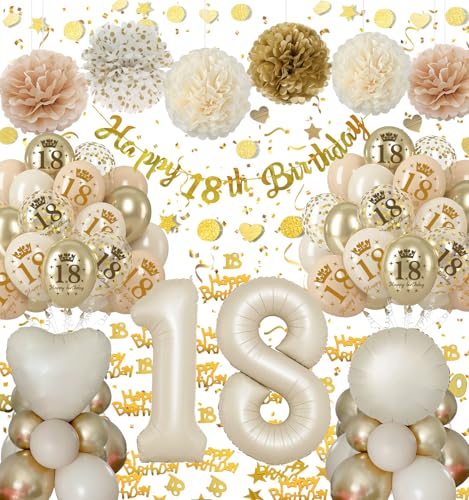 18 Geburtstag Deko Mädchen Junge, Deko 18. Geburtstag Beige Gold Ballons, 18 Jahr Geburtstagdeko mit Luftballon 18, Happy Birthday Banner, Seidenpapier Pompons für 18. Deko Geburtstag Frauen von Almaxi