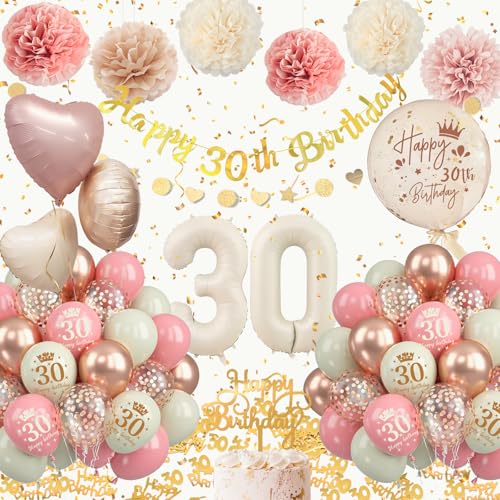 30 Geburtstag Deko Frauen, 52PCS Luftballon Deko 30. Geburtstag Retro Rosa Set mit Luftballons 30, Happy Birthday Banner, Konfetti Ballons für 30. Deko Frauen von Almaxi