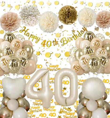 40 Geburtstag Deko Frauen, Deko 40. Geburtstag Beige Gold Geburtstagsdeko 40 Set mit Luftballon 40, Happy Birthday Banner, Seidenpapier Pompons Party Ballons für 40. Deko Geburtstag 40 Geburtstag Deko Frauen, Deko 40. Geburtstag Beige Gold Geburtstagsdeko 40 Set mit Luftballon 40, Happy Birthday Banner, Seidenpapier Pompons Party Ballons für 40. Deko Geburtstag von Almaxi
