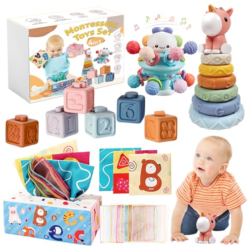 Baby Spielzeug 6 Monate-3 Jahren, 4 in 1 Montessori Spielzeug Baby, Stapelturm Baby, Silikonbausteine, Sensorisches Spielzeug, Tücherbox Baby, Geburtstag Geschenk für Baby 6 9 12 Monate 1 2 3 Jahr Baby Spielzeug 6 Monate-3 Jahren, 4 in 1 Montessori Spielzeug Baby, Stapelturm Baby, Silikonbausteine, Sensorisches Spielzeug, Tücherbox Baby, Geburtstag Geschenk für Baby 6 9 12 Monate 1 2 3 Jahr von Almaxi