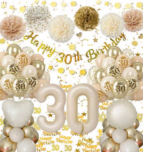 Deko 30. Geburtstag Frauen, 30 Geburtstag Deko Beige Gold mit Luftballons 30, Happy Birthday Banner, Konfetti, Seidenpapier Pompons Party Ballons von Almaxi