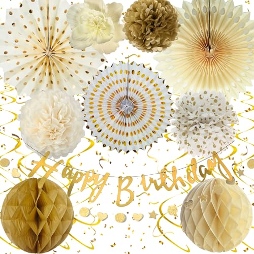 Geburtstagsdeko Beige Gold, Geburtstag Mädchen Junge, Premium Wiederverwendbare Party Deko, Geburtstag Deko Frauen Mann, Happy Birthday Girlande von Almaxi