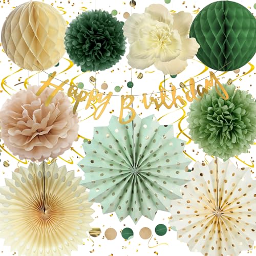 Geburtstagsdeko Grün Beige, Geburtstag Mädchen Junge, Premium Wiederverwendbare Party Deko, Geburtstag Deko Frauen Mann, Happy Birthday Girlande von Almaxi
