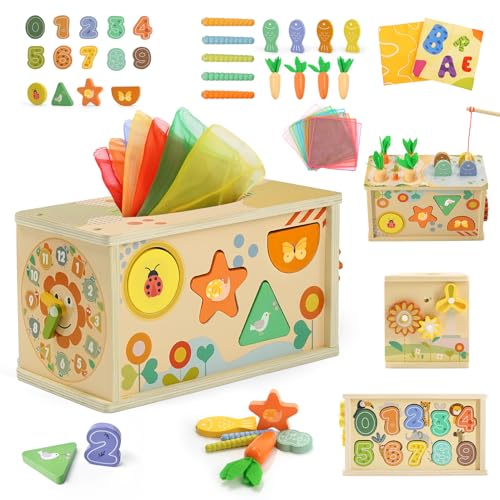 Montessori Spielzeug Baby ab 1 Jahr, 6 in 1 Tücherbox Montessori-Holzspielzeug mit Zahnrädern, Angelspiel & Formensortierer - Baby Spielzeuggeschenk Motorikspielzeug für Kleinkinder 1 2 3 Jahre von Almaxi