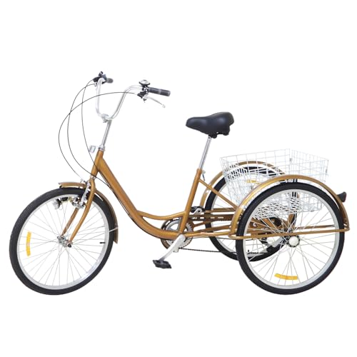 24 Zoll Fahrrad Dreirad für Erwachsene, Ausgestattet mit Schleifscheibenlicht und reflektierenden Streifen, 31,5-35,4 Zoll verstellbares Sitzkissen,3,61-3,94 Fuß einstellbare Griffhöhe (Gold) von Alnemy