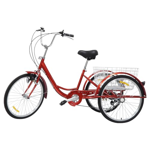 24 Zoll Fahrrad Dreirad für Erwachsene, Ausgestattet mit Schleifscheibenlicht und reflektierenden Streifen, 31,5-35,4 Zoll verstellbares Sitzkissen,3,61-3,94 Fuß einstellbare Griffhöhe (Rot) von Alnemy