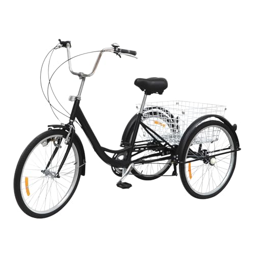 24 Zoll Fahrrad Dreirad für Erwachsene, Ausgestattet mit Schleifscheibenlicht und reflektierenden Streifen, 31,5-35,4 Zoll verstellbares Sitzkissen,3,61-3,94 Fuß einstellbare Griffhöhe (Schwarz) von Alnemy