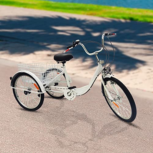 24 Zoll Fahrrad Dreirad für Erwachsene, Ausgestattet mit Schleifscheibenlicht und reflektierenden Streifen, 31,5-35,4 Zoll verstellbares Sitzkissen,3,61-3,94 Fuß einstellbare Griffhöhe (Weiß) von Alnemy