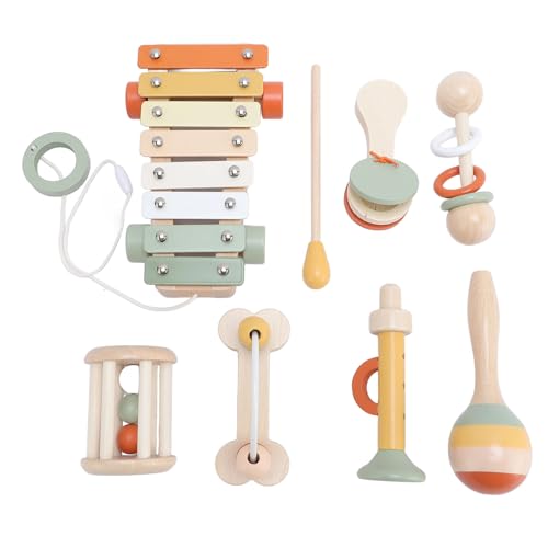 7 Hölzerne Schlaginstrumente für , Musikspielzeug mit Perlenlabyrinth, Kreis Bells, Trompete, Traktor, Rasseln, Castanets, Musikausbildung Spielzeug von Alomejor