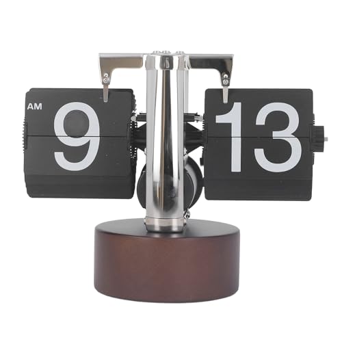 Alomejor Automatische Flip-Digitaluhr, Mechanische Umblätteruhr, 12-Stunden-Flip-Schreibtischuhr für Wohnzimmer, Büro (Holzsockel Schwarz) von Alomejor