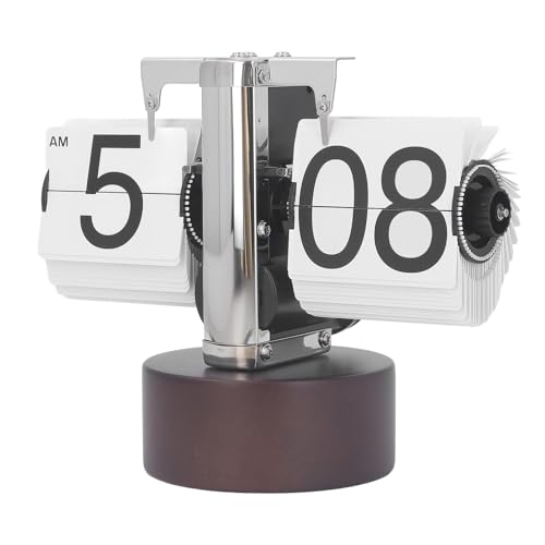 Alomejor Automatische Flip-Digitaluhr, Mechanische Umblätteruhr, 12-Stunden-Flip-Schreibtischuhr für Wohnzimmer, Büro (Holzsockel weiß) von Alomejor