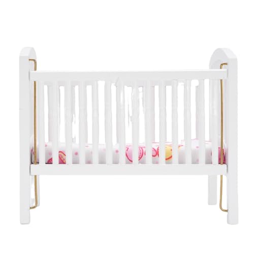 Alomejor Dollhouse Babybett, Birkenholz Miniatur -Krippe für Kindergartendekor, Weiße Kindermöbel von Alomejor