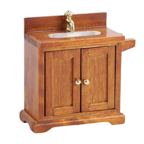 Alomejor Dollhouse Waschbeckenschrank, Birkenholz Doppeltür Waschbecken mit Lagerboden Stehende Miniaturmöbel für Kinderspielzimmer (Walnussfarbe) von Alomejor