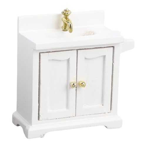 Alomejor Dollhouse Waschbeckenschrank, Birkenholz Doppeltür Waschbecken mit Lagerboden Stehende Miniaturmöbel für Kinderspielzimmer (White) von Alomejor