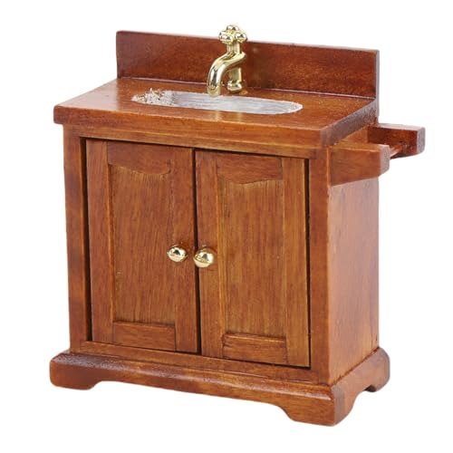 Alomejor Dollhouse Wash -Beckenschrank, Miniaturboden Stehende Waschbecken mit Doppelten Türen für Kinderspielzimmer (Walnussfarbe) von Alomejor
