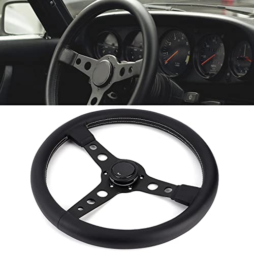 Alomejor Universelles Lenkrad 350 Mm 14 Zoll Aluminiumlegierung Leder Black Speichen Graue Nähte mit Hornknopf für Rennabenteuerauto von Alomejor