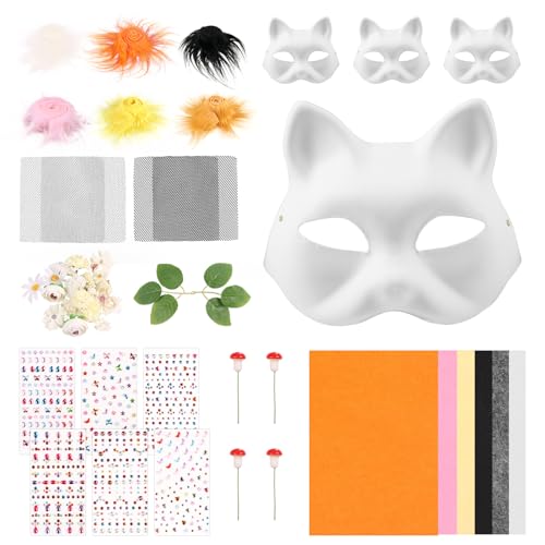 4 Stück Katzenmaske mit Augen Mesh und Pelz Bart Tier Katze Maske DIY Set Maskes Kunsthandwerk Kit DIY Blank Gesicht Maske Kostüm Maskerade für Halloween, Karneval, Maskerade, Party Cosplay(4 Stück) von Alongen
