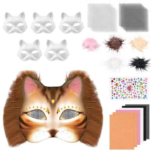 6 Stück Katzenmaske DIY Blank Masken Basteln Set mit Blanko Katzenmaske, Kunstpelz, Augennetz und Filztuch, DIY Furry Tiermasken Katzenmasken für Halloween, Karneval, Maskerade, Party Cosplay(Braun) 6 Stück Katzenmaske DIY Blank Masken Basteln Set mit Blanko Katzenmaske, Kunstpelz, Augennetz und Filztuch, DIY Furry Tiermasken Katzenmasken für Halloween, Karneval, Maskerade, Party Cosplay(Braun) von Alongen