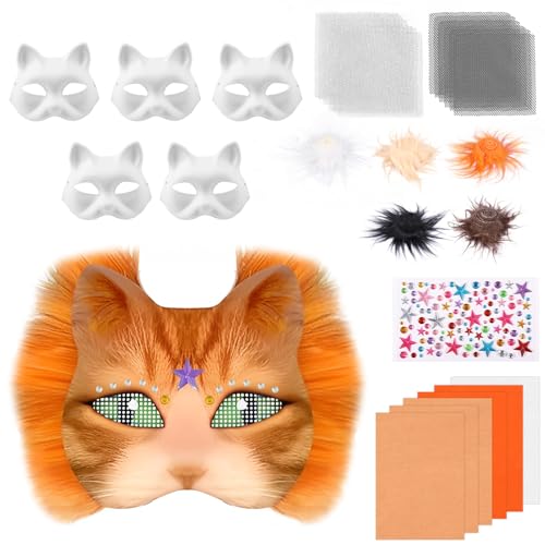 6 Stück Katzenmaske DIY Blank Masken Basteln Set mit Blanko Katzenmaske, Kunstpelz, Augennetz und Filztuch, DIY Furry Tiermasken Katzenmasken für Halloween, Karneval, Maskerade, Party Cosplay(Orange) 6 Stück Katzenmaske DIY Blank Masken Basteln Set mit Blanko Katzenmaske, Kunstpelz, Augennetz und Filztuch, DIY Furry Tiermasken Katzenmasken für Halloween, Karneval, Maskerade, Party Cosplay(Orange) von Alongen