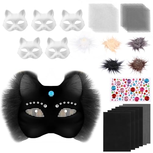 6 Stück Katzenmaske DIY Blank Masken Basteln Set mit Blanko Katzenmaske, Kunstpelz, Augennetz und Filztuch, DIY Furry Tiermasken Katzenmasken für Halloween, Karneval, Maskerade, Party Cosplay(Schwarz) 6 Stück Katzenmaske DIY Blank Masken Basteln Set mit Blanko Katzenmaske, Kunstpelz, Augennetz und Filztuch, DIY Furry Tiermasken Katzenmasken für Halloween, Karneval, Maskerade, Party Cosplay(Schwarz) von Alongen