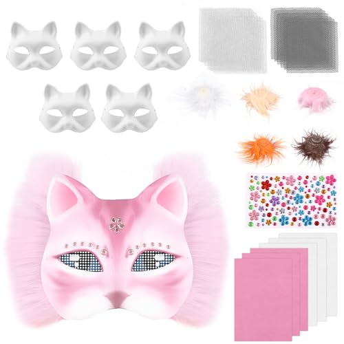 6 Stück Katzenmaske DIY Blank Masken Basteln Set mit Blanko Katzenmaske, Kunstpelz, Augennetz und Filztuch, DIY Furry Tiermasken Katzenmasken für Halloween, Karneval, Maskerade, Party Cosplay(Rosa) von Alongen