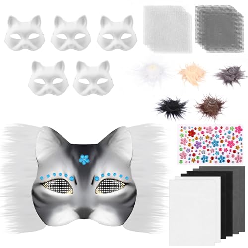 6 Stück Katzenmaske DIY Blank Masken Basteln Set mit Blanko Katzenmaske, Kunstpelz, Augennetz und Filztuch, DIY Furry Tiermasken Katzenmasken für Halloween, Karneval, Maskerade, Party Cosplay 6 Stück Katzenmaske DIY Blank Masken Basteln Set mit Blanko Katzenmaske, Kunstpelz, Augennetz und Filztuch, DIY Furry Tiermasken Katzenmasken für Halloween, Karneval, Maskerade, Party Cosplay von Alongen