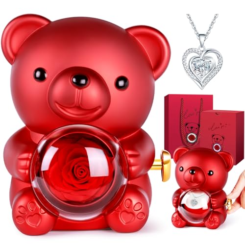 Aloskart Ewige Rose Bär, Rosenbox mit Kette, Ewige Rosen Geschenkbox, Geburtstagsgeschenk für Frauen, Jahrestag Geschenk,für Freundin, Frau, Mutter, Freund(Silberkette) von Aloskart