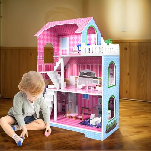 Alpstorm Puppenhaus aus Holz – 3-stöckige Puppenvilla mit Möbeln,Holz Puppenhaus für Kinder,Großes Spielhaus für Mädchen & Jungen (100x36x70cm,Typ B) von Alpstorm