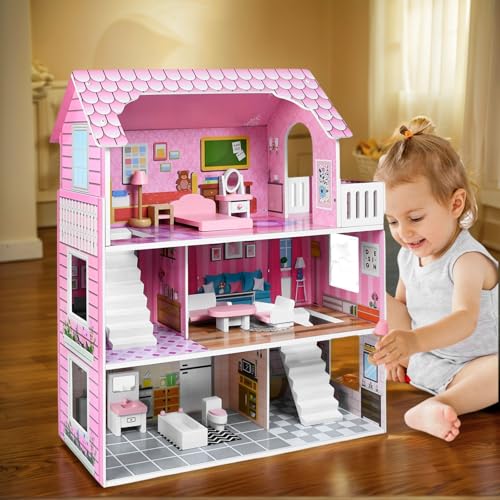 Alpstorm Puppenhaus aus Holz – 3-stöckige Puppenvilla mit Möbeln,Holz Puppenhaus für Kinder,Großes Spielhaus für Mädchen & Jungen (60x24x70cm,Typ A) von Alpstorm