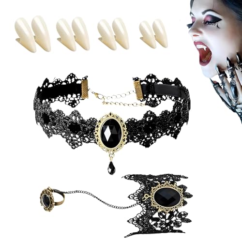 Alrens 8-teiliges Vampirzahn-Set, 4 Sets Vampirzähne, 1 Gothic-Schmuck und 1 Gothic-Ring, mit 2 Röhrenzähnen, Pellets, selbstklebend, für Cosplay, Party, Requisiten, Halloween, Horror-Party Alrens 8-teiliges Vampirzahn-Set, 4 Sets Vampirzähne, 1 Gothic-Schmuck und 1 Gothic-Ring, mit 2 Röhrenzähnen, Pellets, selbstklebend, für Cosplay, Party, Requisiten, Halloween, Horror-Party von Alrens