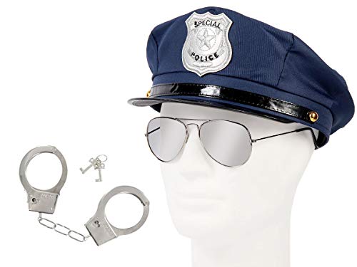 Alsino Cop Polizeikostüm Accessoires (Kv-126) Polizeimütze, blau - Kopfumfang: 60 cm | Handschellen und Pilotenbrille Silber verspiegelt von Alsino