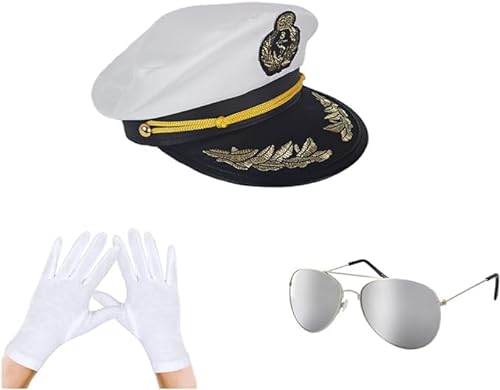 Alsino Deluxe Kapitäns-Mützen Kapitän Hut Mütze Set für Karneval & Fasching - Verfügbar in 2er, 4er & 10er Sets Sonnenbrille & Handschuhen (Set Mütze Brille Handschuhe) von Alsino