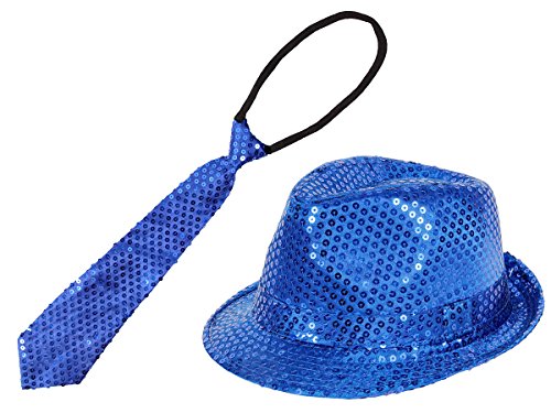 Alsino Glitzer Hut mit Pailletten Krawatte - blau (Th-59) Set Karneval Fasching Outfit Verkleidung für Erwachsene von Alsino