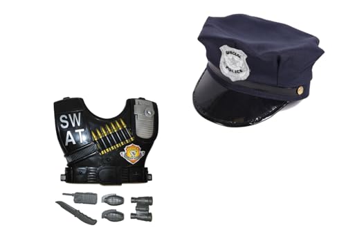 Alsino Kinder Polizei Outfit Kostüm Spielset - Authentische Kugelsichere Weste aus Kunststoff & Polizei Mütze von Alsino
