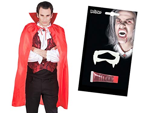 Alsino Kostüm Accessoire Set Dracula Vampir (Kv-205) Cape 120 cm Rot mit Kunstblut und Vampirzähnen Weiß von Alsino