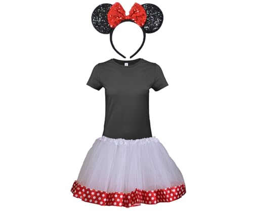 Alsino Minnie Maus Kostüm zum Verkleiden für Mädchen mit Haarreif-Mausohren pinker Fliege Schwarzes T-Shirt und pinken Tüll-TuTu, Größe wählen:L von Alsino