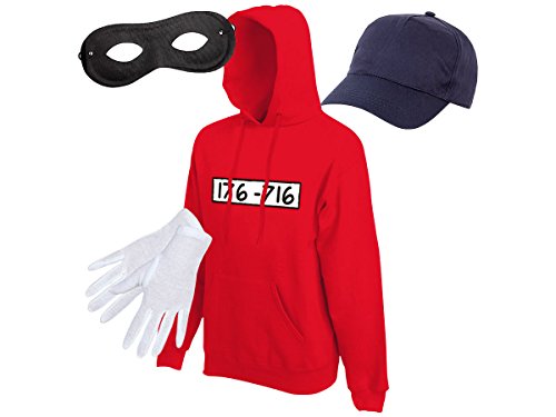 Alsino Panzerknacker Fan Kostüm Outfit Hoodie Maske Set Cap Handschuhe Einbrecher Bankräuber Verkleidung, Größe wählen:2XL von Alsino
