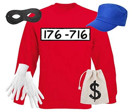 Alsino Panzerknacker Fan Kostüm Outfit Sweatshirt Maske Set Cap Handschuhe Einbrecher Bankräuber Verkleidung, Größe wählen:2XL von Alsino