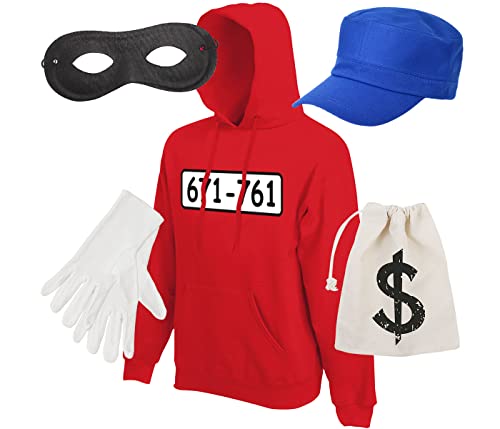 Alsino Panzerknacker Kostümset - Roter Hoodie mit Mütze, weißen Handschuhen, schwarzer Maske und Geldbeutel - Perfekt für Karneval, Fasching und Mottopartys, L von Alsino