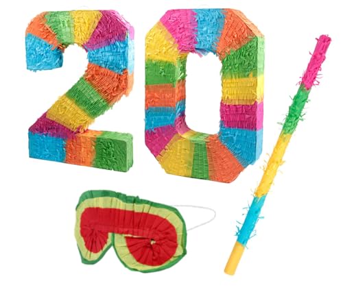 Alsino Pinata Set Zahlen Schlag-Pinata Maske Schlagstock Geburtstag - Piñata zum Befüllen für Event Zahlen Hochzeit Jubiläum Partydeko Dekoration Geburtstagsdeko, Motiv wählen:20 Jahre von Alsino