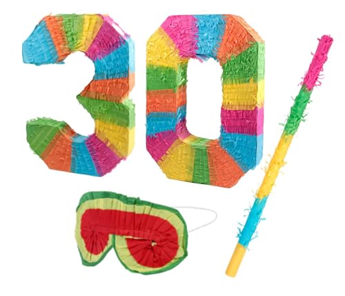 Alsino Pinata Set Zahlen Schlag-Pinata Maske Schlagstock Geburtstag - Piñata zum Befüllen für Event Zahlen Hochzeit Jubiläum Partydeko Dekoration Geburtstagsdeko, Motiv wählen:30 Jahre von Alsino