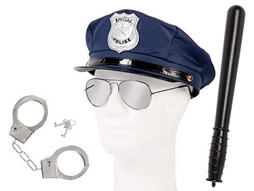 Alsino Polizei Karneval Verkleidung Outfit Fasching Kostüm Cop Paket Polizeihut + Pilotenbrille + Handschellen + Schlagstock - 24 cm KV-52 von Alsino