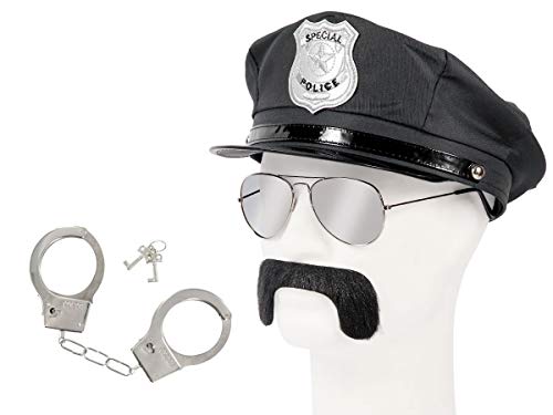 Alsino Polizei Outfit Accessoires (Kv-125) Fasching Set mit Polizeimütze Handschellen Schnurrbart und Sonnenbrille von Alsino