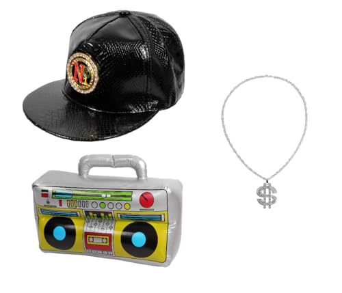 Alsino Rapper Kostüm Set Kv-278 für Karneval & Fasching: Schwarze Snapback, Dollarzeichen-Halskette & Aufblasbarer Ghettoblaster von Alsino